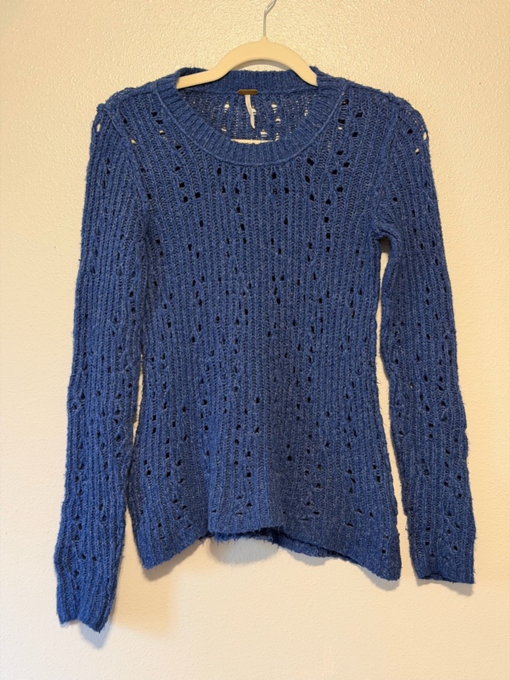 Free People Indigo Open-Knit Crewneck Sweater